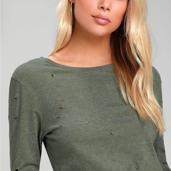 LULU’S CUTTING EDGE OLIVE GREEN DISTRESSED LONG SLEEVE TEE - Picture 2 of 7